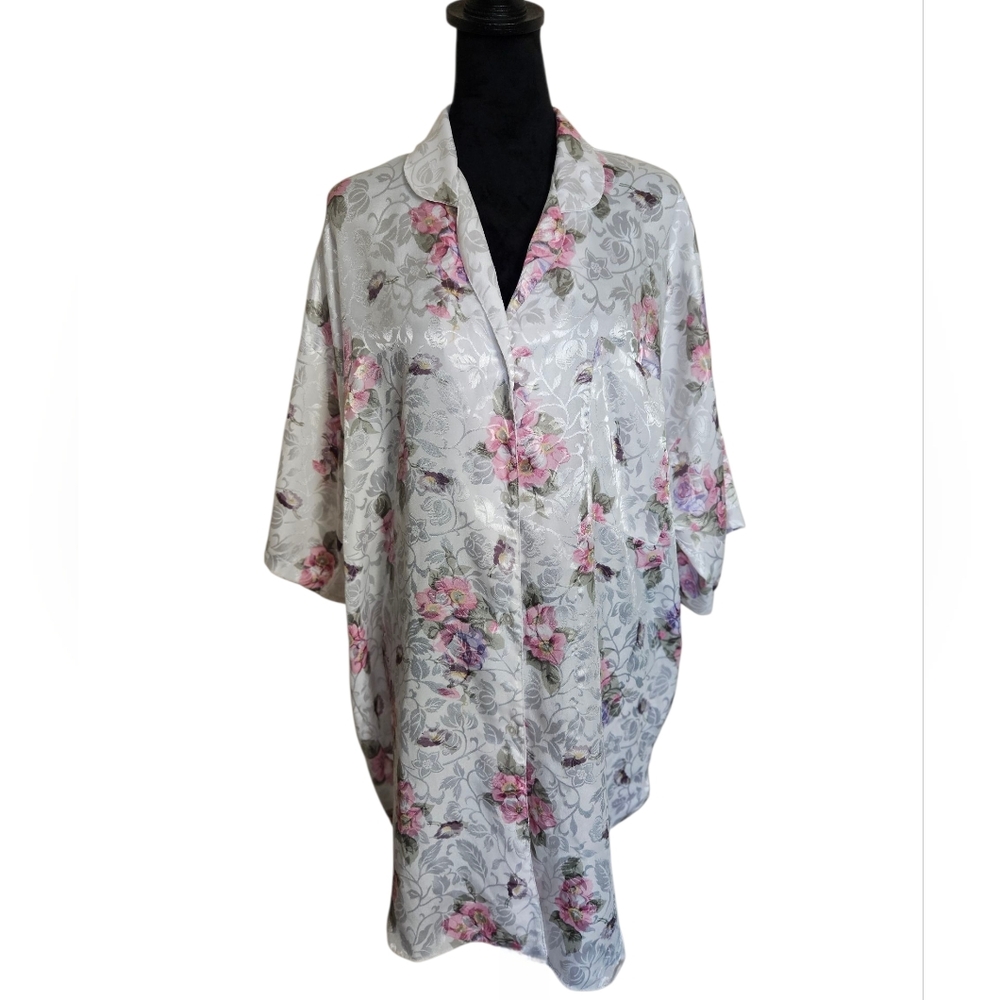 Vintage Kathryn White Pearleascent Satin Floral Button-dowm Sleep Shirt Size L